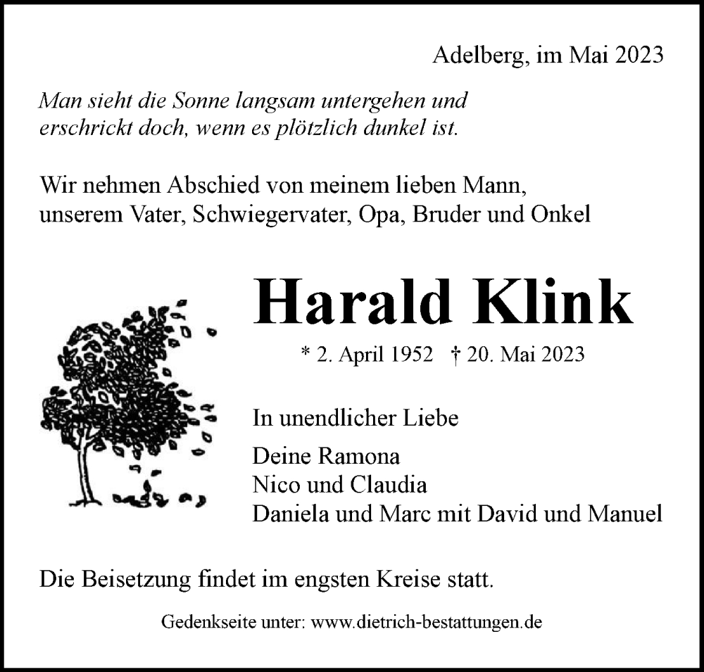  Traueranzeige für Harald Klink vom 23.05.2023 aus SÜDWEST PRESSE