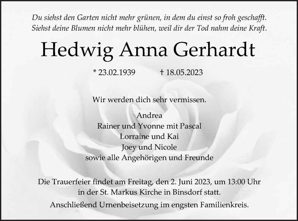  Traueranzeige für Hedwig Anna Gerhardt vom 27.05.2023 aus Metzinger-Uracher Volksblatt