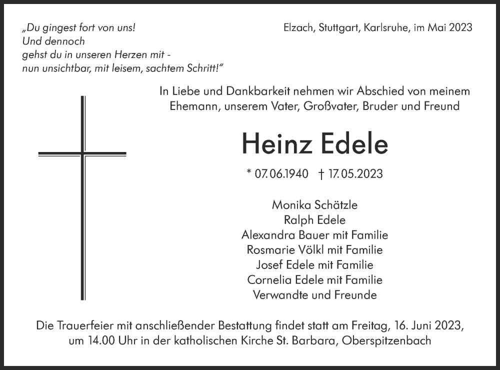  Traueranzeige für Heinz Edele vom 27.05.2023 aus Metzinger-Uracher Volksblatt
