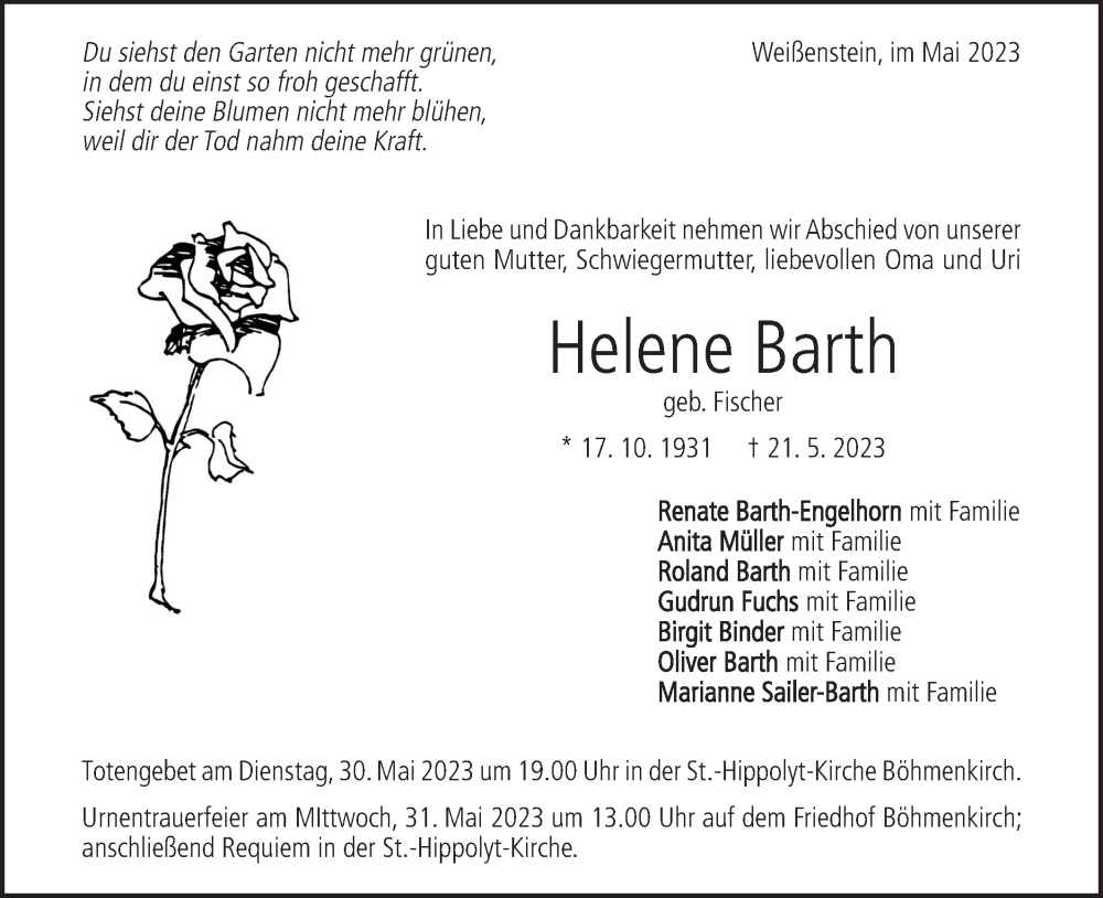  Traueranzeige für Helene Barth vom 24.05.2023 aus SÜDWEST PRESSE