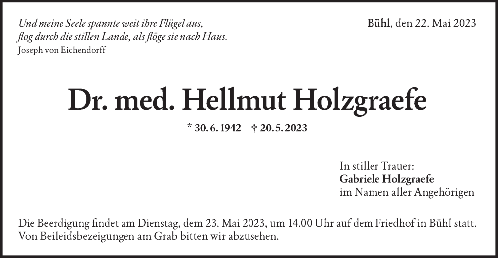  Traueranzeige für Hellmut Holzgraefe vom 23.05.2023 aus SÜDWEST PRESSE