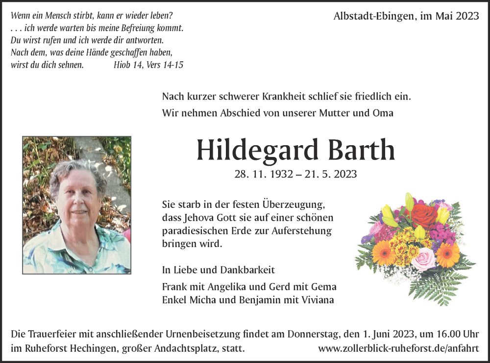  Traueranzeige für Hildegard Barth vom 27.05.2023 aus Metzinger-Uracher Volksblatt