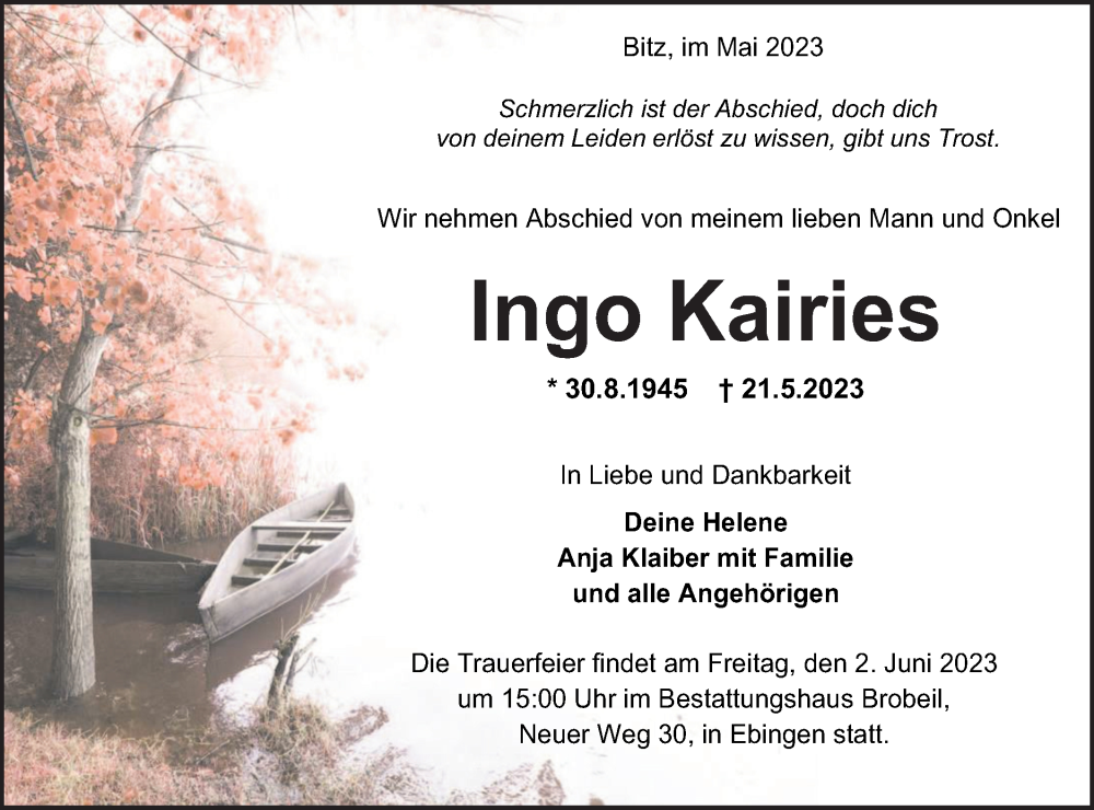  Traueranzeige für Ingo Kairies vom 31.05.2023 aus Metzinger-Uracher Volksblatt