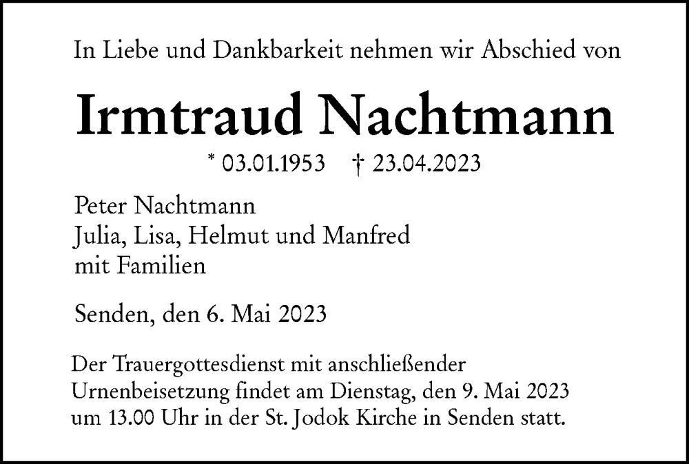  Traueranzeige für Irmtraud Nachtmann vom 06.05.2023 aus SÜDWEST PRESSE Ausgabe Ulm/Neu-Ulm