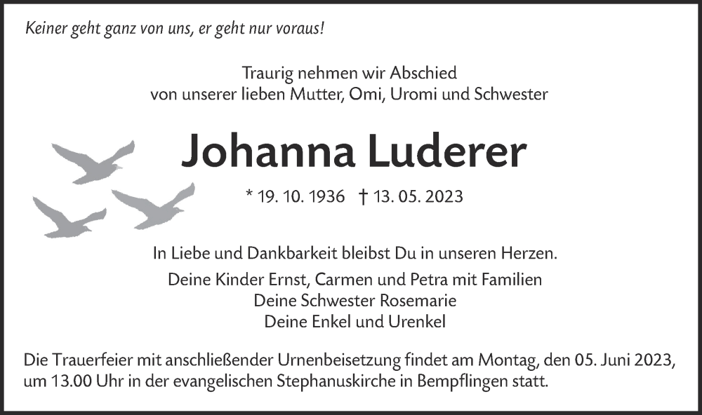  Traueranzeige für Johanna Luderer vom 01.06.2023 aus SÜDWEST PRESSE/SÜDWEST PRESSE