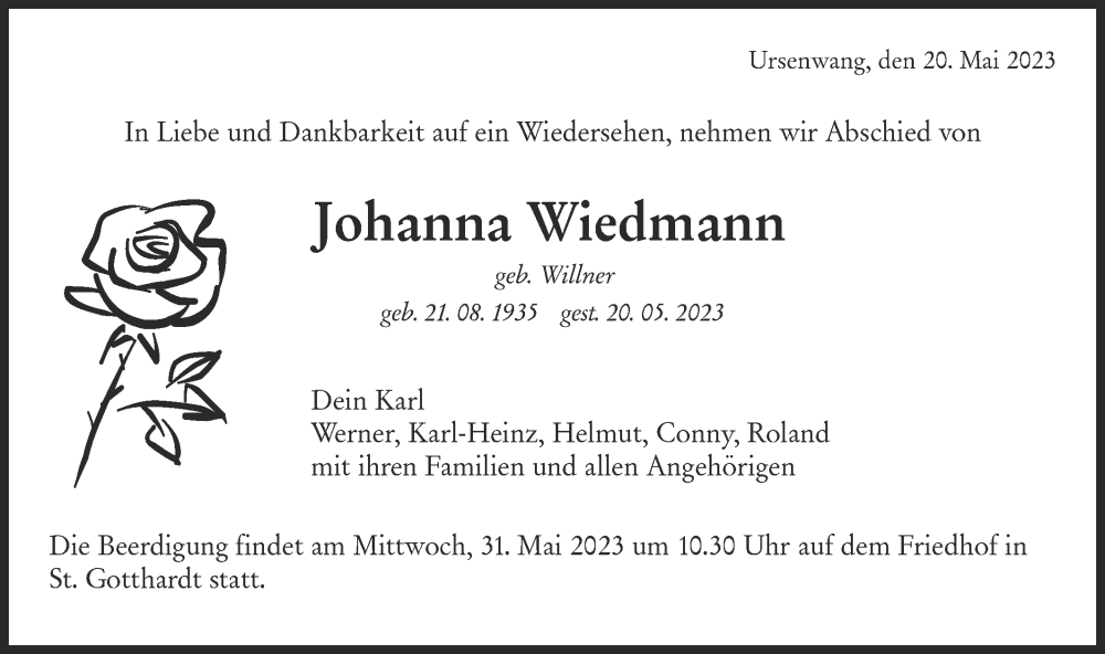  Traueranzeige für Johanna Wiedmann vom 25.05.2023 aus SÜDWEST PRESSE
