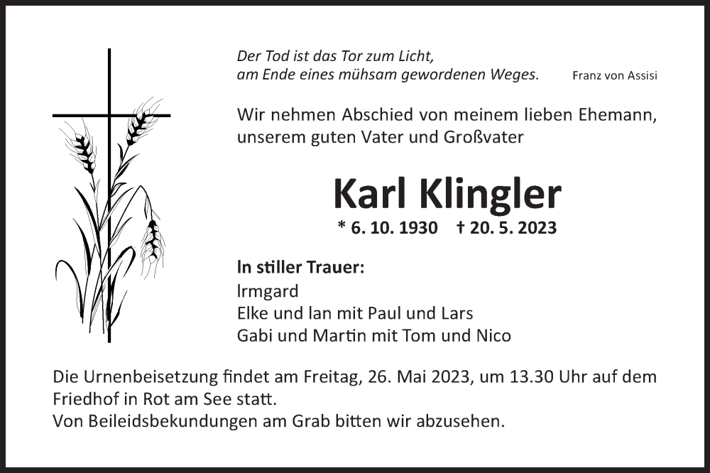  Traueranzeige für Karl Klingler vom 23.05.2023 aus SÜDWEST PRESSE