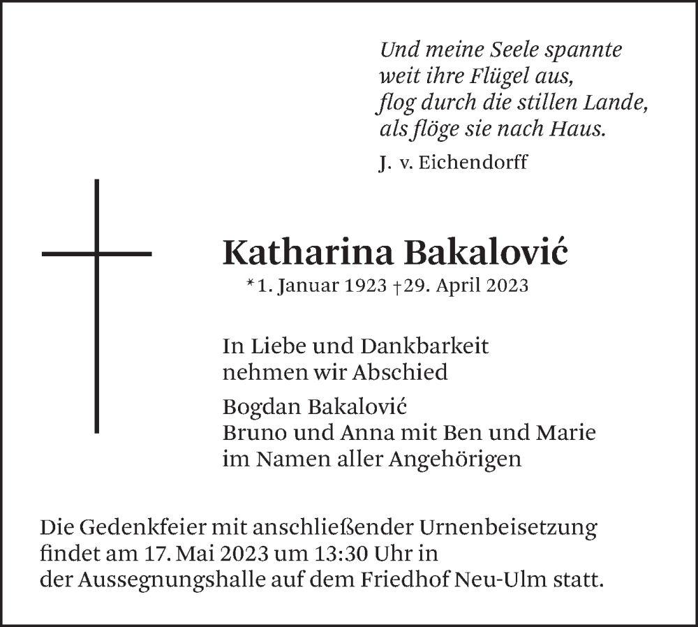  Traueranzeige für Katharina Bakalovic vom 13.05.2023 aus SÜDWEST PRESSE Ausgabe Ulm/Neu-Ulm