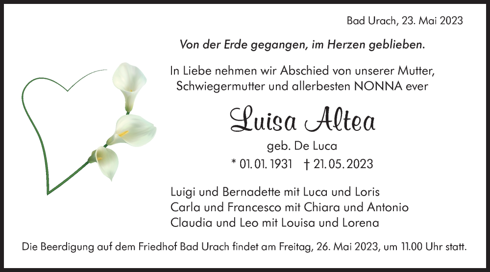  Traueranzeige für Luisa Altea vom 23.05.2023 aus SÜDWEST PRESSE/SÜDWEST PRESSE