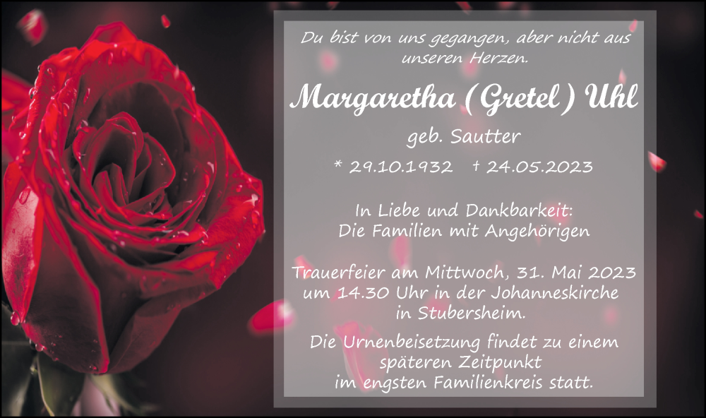  Traueranzeige für Margaretha Uhl vom 27.05.2023 aus SÜDWEST PRESSE Ausgabe Ulm/Neu-Ulm