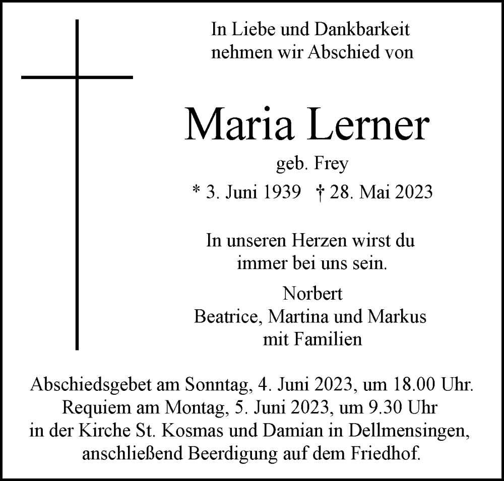  Traueranzeige für Maria Lerner vom 31.05.2023 aus SÜDWEST PRESSE Ausgabe Ulm/Neu-Ulm