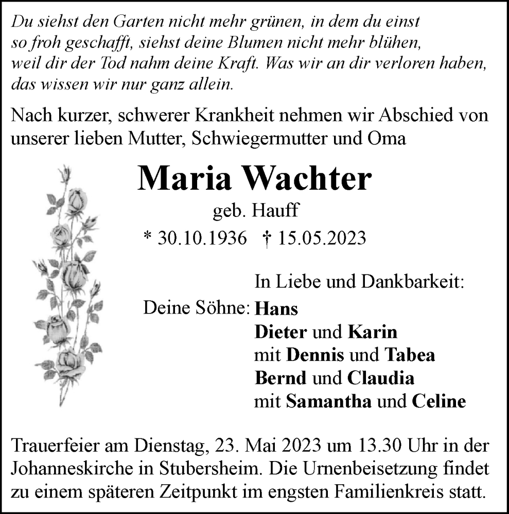  Traueranzeige für Maria Wachter vom 20.05.2023 aus SÜDWEST PRESSE Ausgabe Ulm/Neu-Ulm