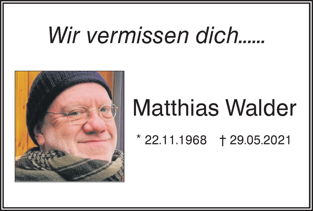  Traueranzeige für Matthias Walder vom 30.05.2023 aus SÜDWEST PRESSE