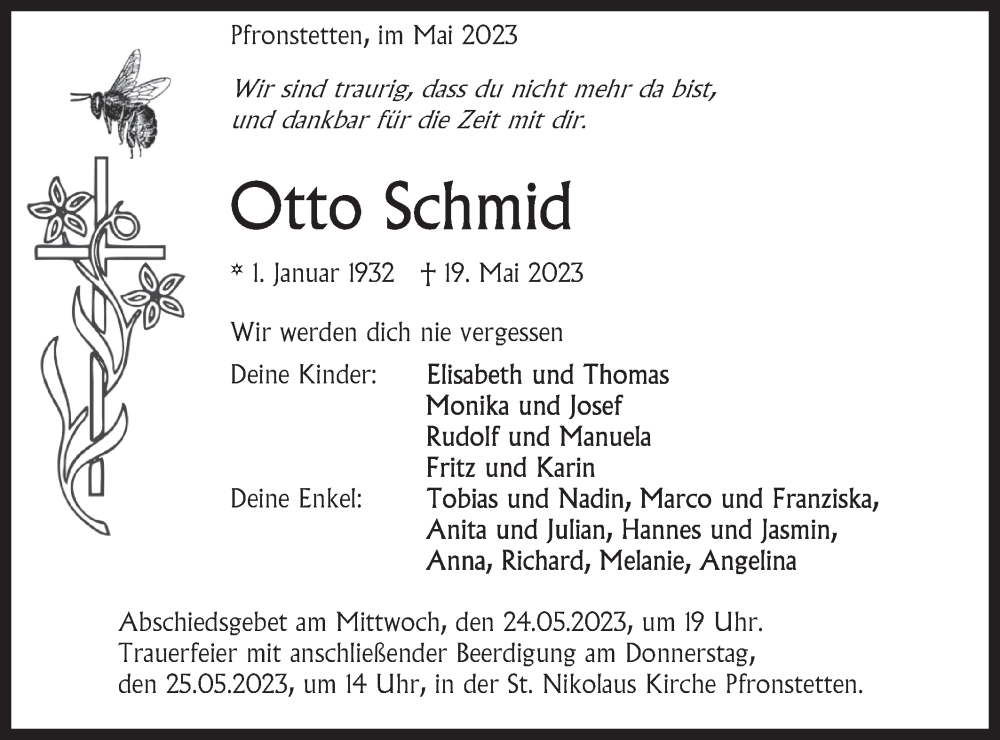  Traueranzeige für Otto Schmid vom 23.05.2023 aus SÜDWEST PRESSE/SÜDWEST PRESSE