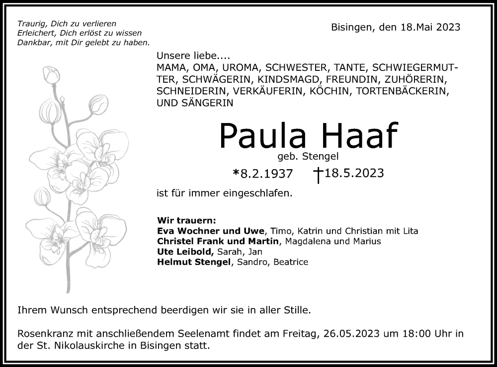  Traueranzeige für Paula Haaf vom 20.05.2023 aus Metzinger-Uracher Volksblatt