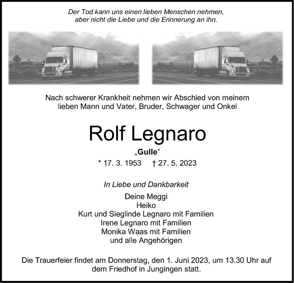  Traueranzeige für Rolf Legnaro vom 31.05.2023 aus Metzinger-Uracher Volksblatt