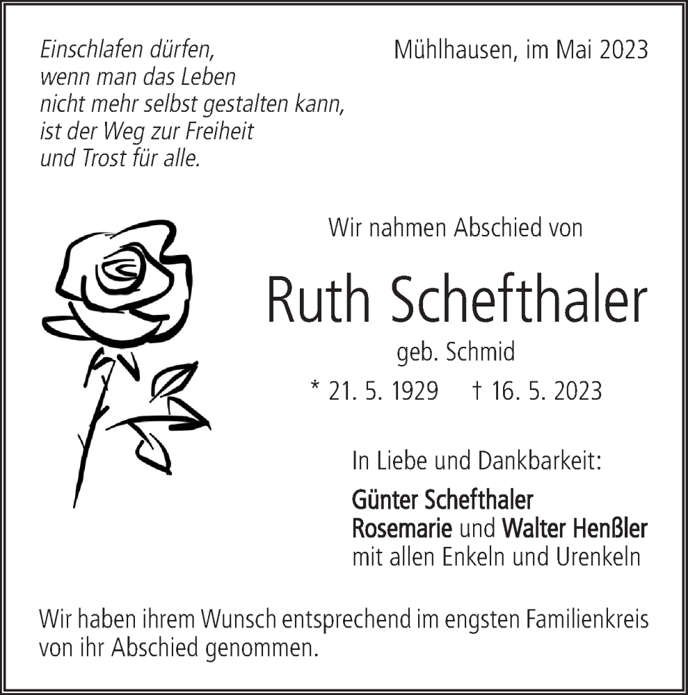  Traueranzeige für Ruth Schefthaler vom 01.06.2023 aus SÜDWEST PRESSE