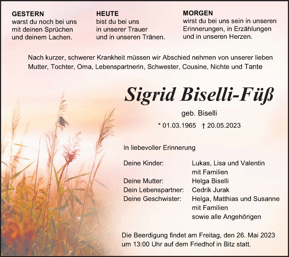  Traueranzeige für Sigrid Biselli-Füß vom 24.05.2023 aus SÜDWEST PRESSE