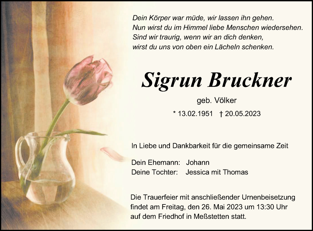  Traueranzeige für Sigrun Bruckner vom 24.05.2023 aus SÜDWEST PRESSE