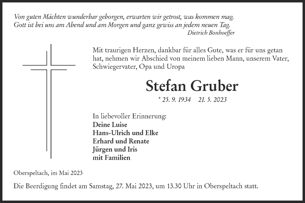  Traueranzeige für Stefan Gruber vom 25.05.2023 aus SÜDWEST PRESSE