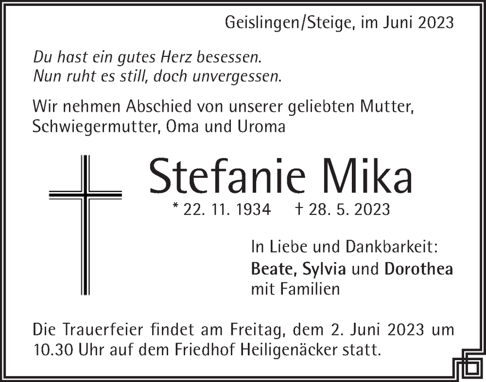  Traueranzeige für Stefanie Mika vom 31.05.2023 aus Geislinger Zeitung