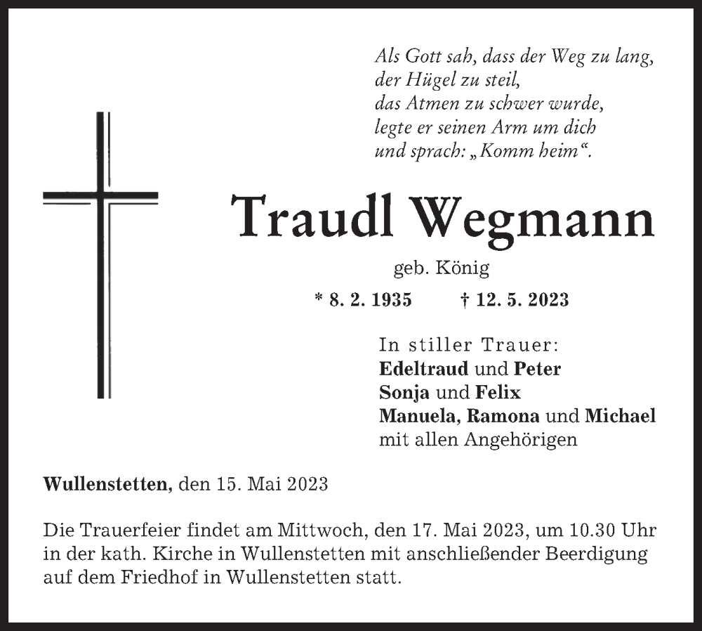  Traueranzeige für Traudl Wegmann vom 16.05.2023 aus SÜDWEST PRESSE