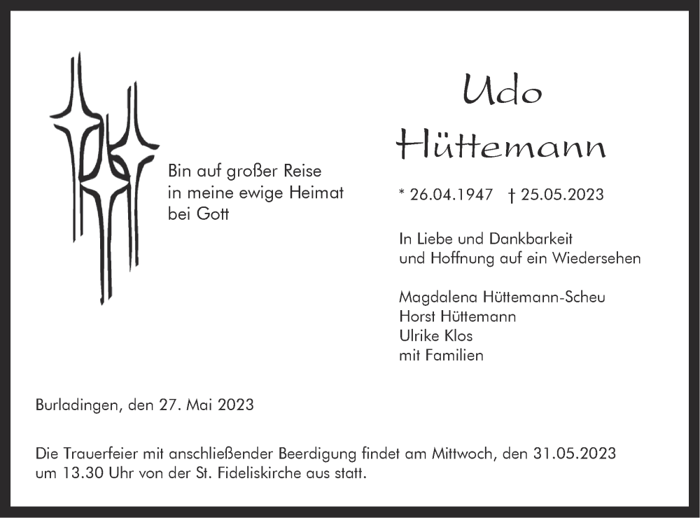  Traueranzeige für Udo Hüttemann vom 27.05.2023 aus Metzinger-Uracher Volksblatt