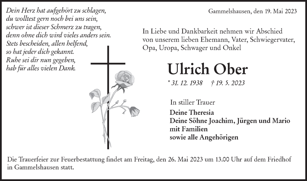  Traueranzeige für Ulrich Ober vom 23.05.2023 aus SÜDWEST PRESSE