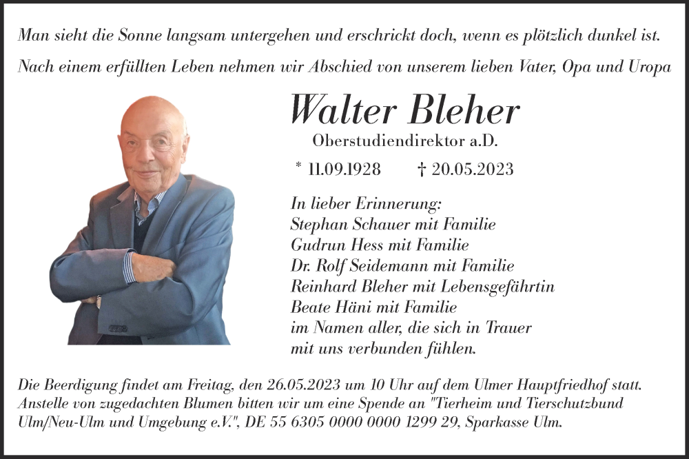  Traueranzeige für Walter Bleher vom 24.05.2023 aus SÜDWEST PRESSE