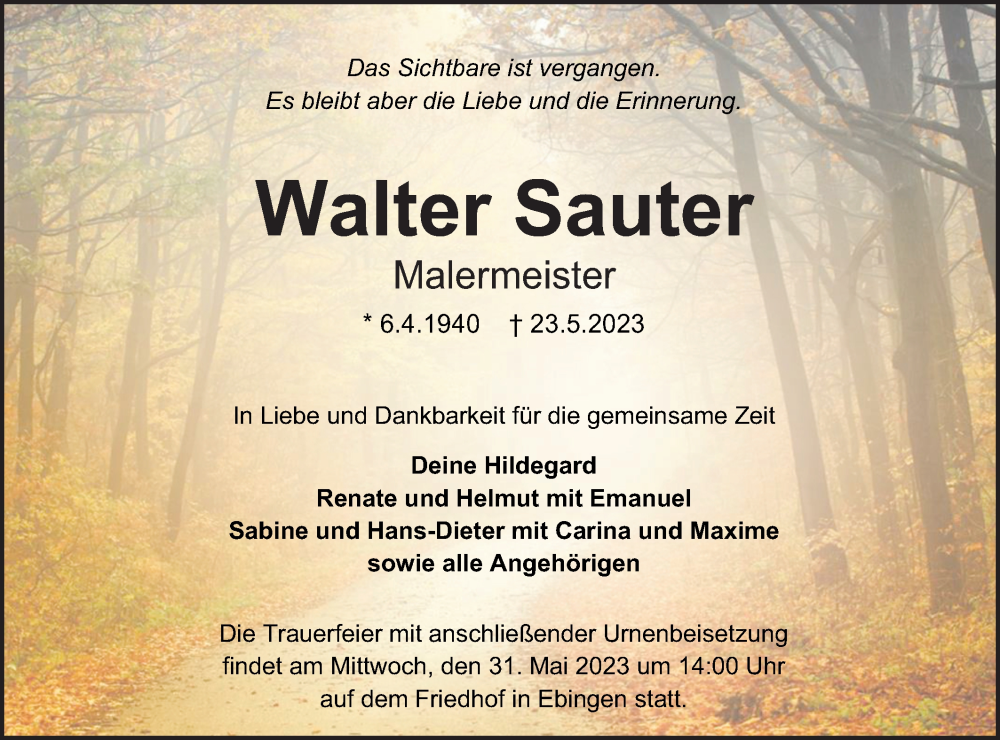  Traueranzeige für Walter Sauter vom 27.05.2023 aus Metzinger-Uracher Volksblatt