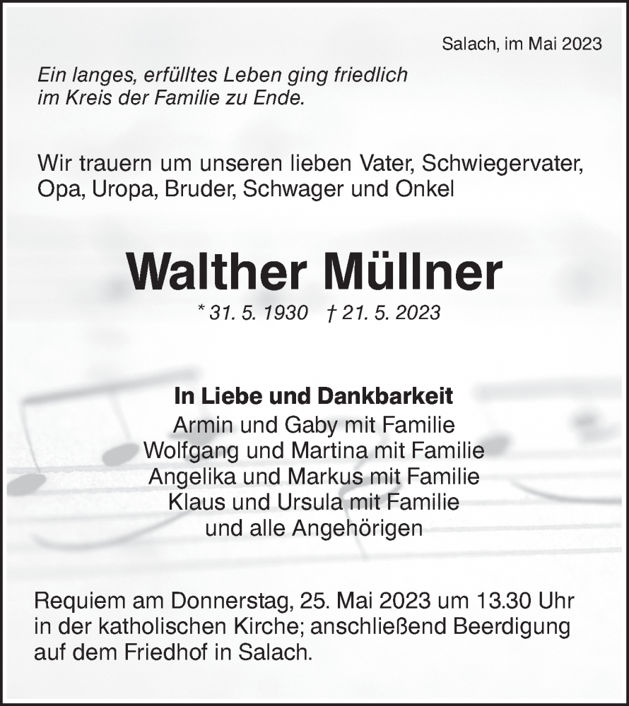  Traueranzeige für Walther Müllner vom 23.05.2023 aus SÜDWEST PRESSE