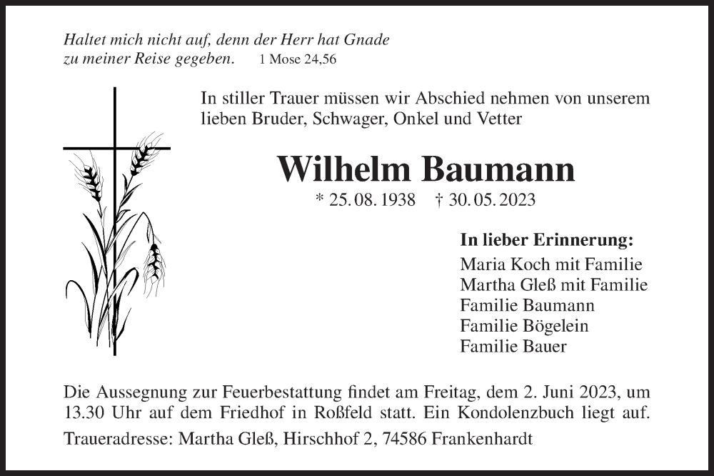  Traueranzeige für Wilhelm Baumann vom 01.06.2023 aus SÜDWEST PRESSE