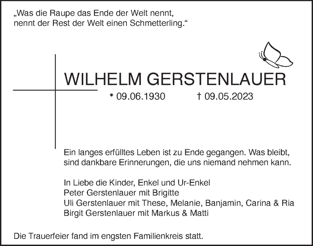 Traueranzeige für Wilhelm Gerstenlauer vom 31.05.2023 aus SÜDWEST PRESSE Ausgabe Ulm/Neu-Ulm