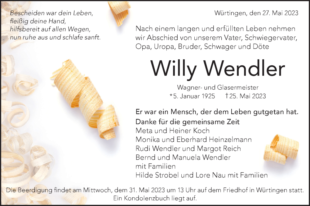  Traueranzeige für Willy Wendler vom 27.05.2023 aus Metzinger-Uracher Volksblatt