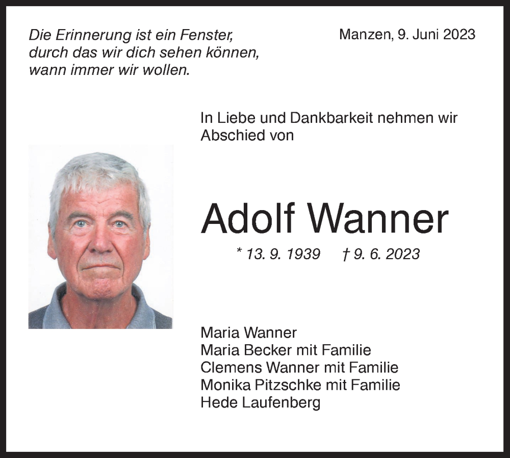  Traueranzeige für Adolf Wanner vom 10.06.2023 aus NWZ Neue Württembergische Zeitung