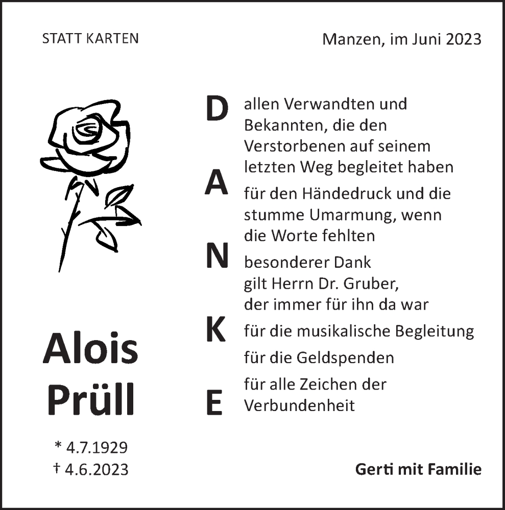  Traueranzeige für Alois Prüll vom 17.06.2023 aus NWZ Neue Württembergische Zeitung