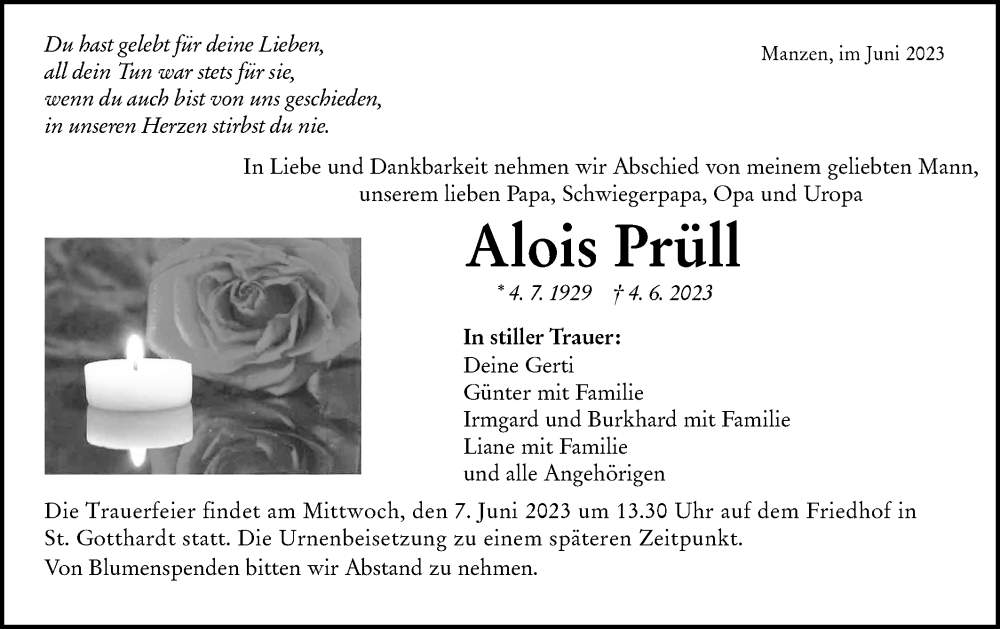  Traueranzeige für Alois Prüll vom 06.06.2023 aus NWZ Neue Württembergische Zeitung