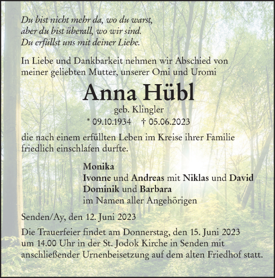 Traueranzeige von Anna Hübl von SÜDWEST PRESSE Ausgabe Ulm/Neu-Ulm