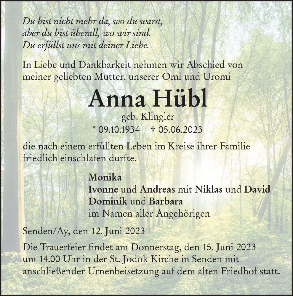  Traueranzeige für Anna Hübl vom 12.06.2023 aus SÜDWEST PRESSE Ausgabe Ulm/Neu-Ulm