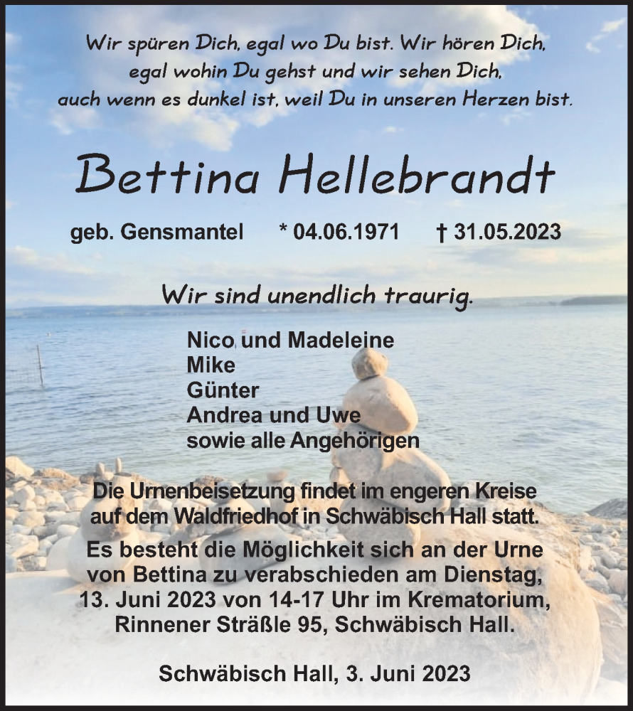  Traueranzeige für Bettina Hellebrandt vom 03.06.2023 aus Haller Tagblatt