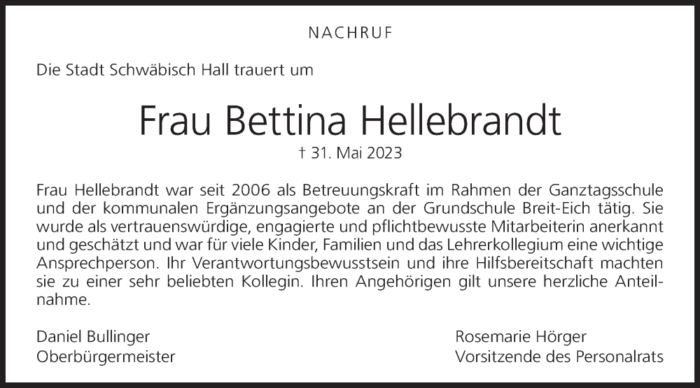  Traueranzeige für Bettina Hellebrandt vom 07.06.2023 aus Haller Tagblatt