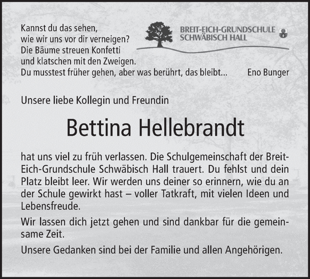  Traueranzeige für Bettina Hellebrandt vom 07.06.2023 aus Haller Tagblatt