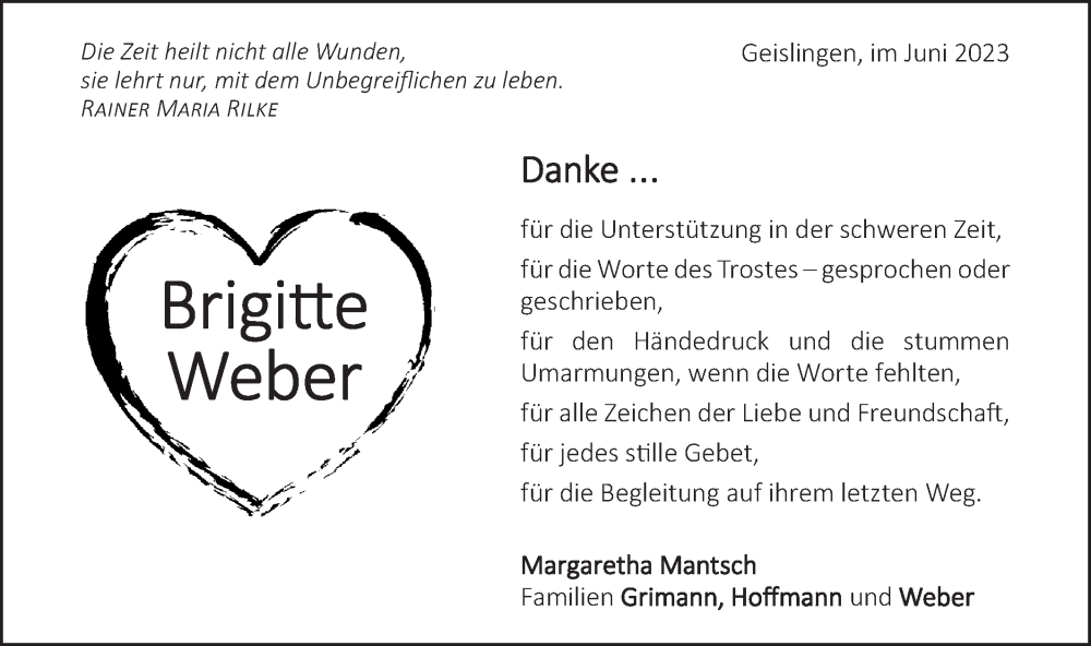  Traueranzeige für Brigitte Weber vom 24.06.2023 aus Geislinger Zeitung