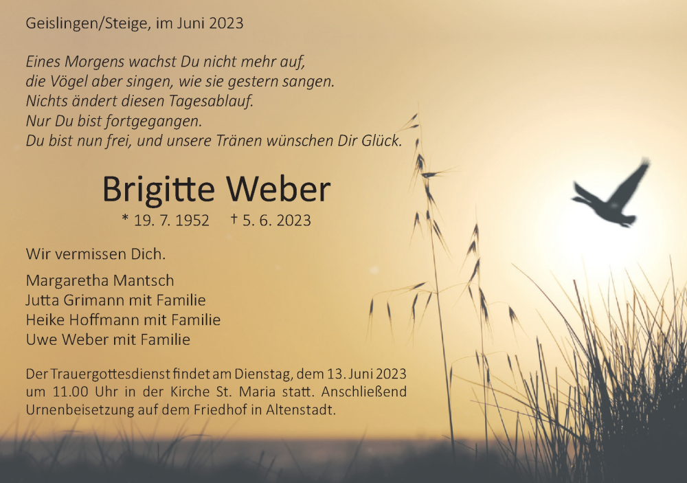  Traueranzeige für Brigitte Weber vom 09.06.2023 aus Geislinger Zeitung