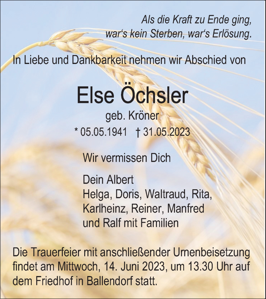  Traueranzeige für Else Öchsler vom 10.06.2023 aus SÜDWEST PRESSE Ausgabe Ulm/Neu-Ulm