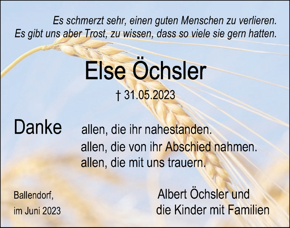  Traueranzeige für Else Öchsler vom 24.06.2023 aus SÜDWEST PRESSE Ausgabe Ulm/Neu-Ulm