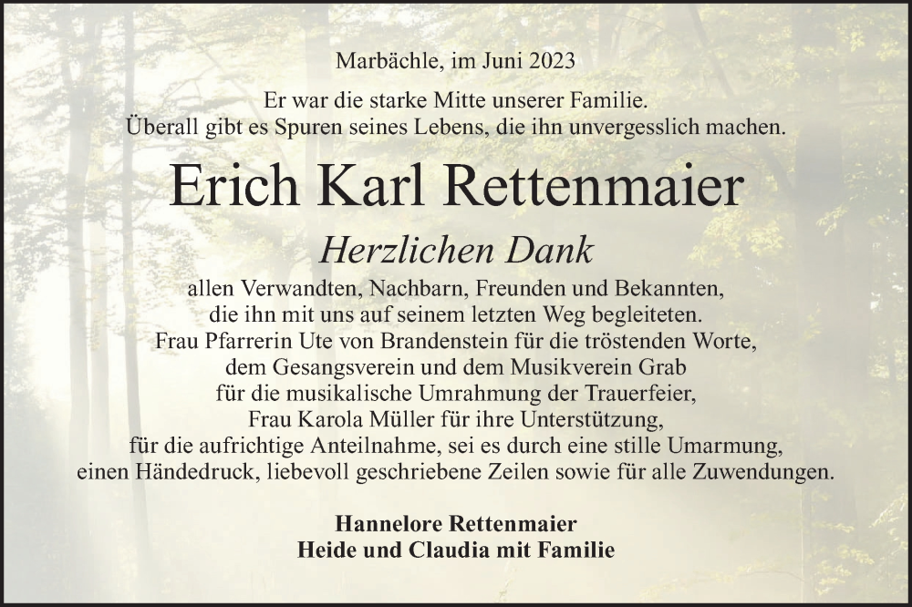  Traueranzeige für Erich Karl Rettenmaier vom 13.06.2023 aus Rundschau Gaildorf