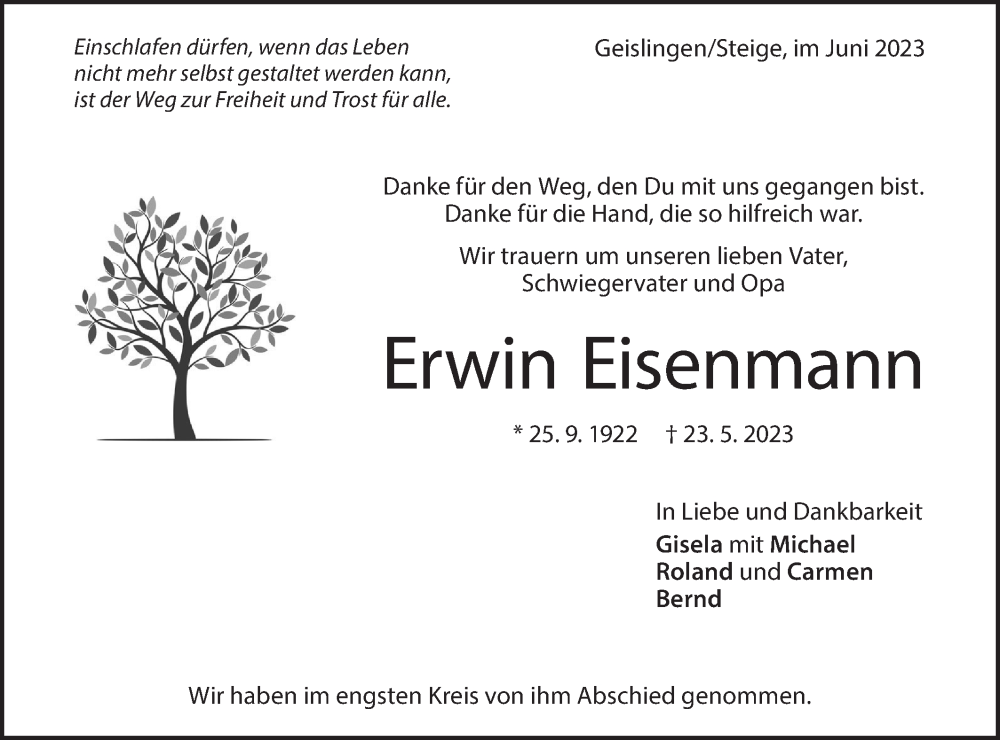  Traueranzeige für Erwin Eisenmann vom 09.06.2023 aus Geislinger Zeitung