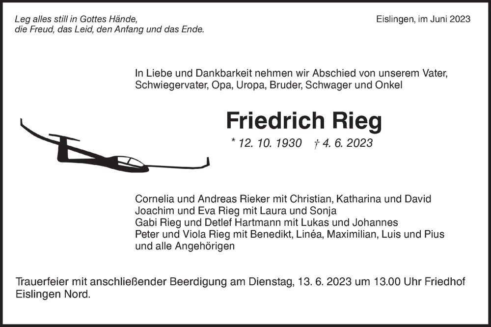  Traueranzeige für Friedrich Rieg vom 07.06.2023 aus NWZ Neue Württembergische Zeitung