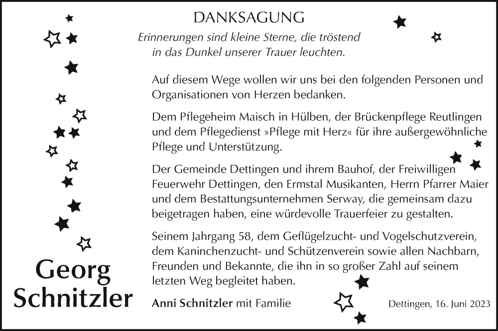  Traueranzeige für Georg Schnitzler vom 16.06.2023 aus SÜDWEST PRESSE/SÜDWEST PRESSE